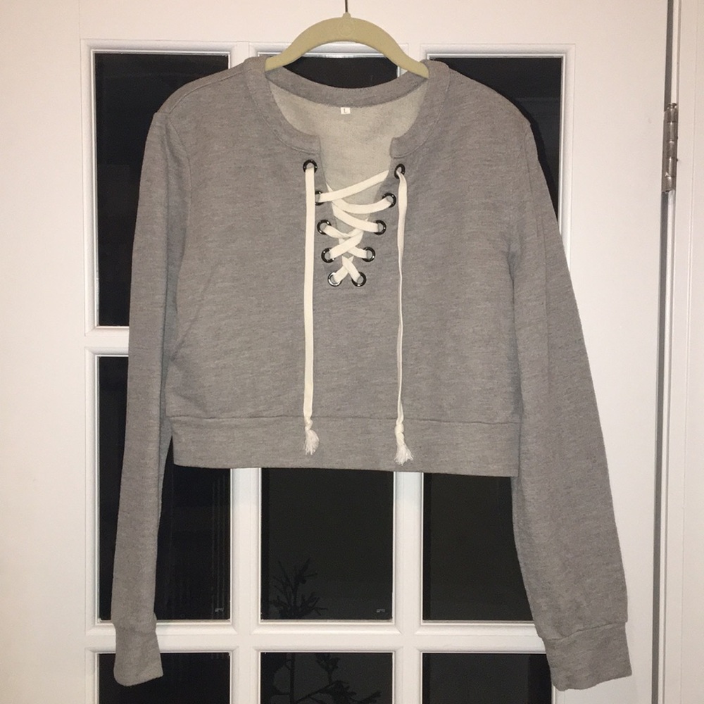 Lace Up Grey Long Sleeve Top Sz L